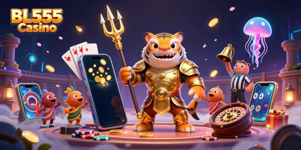 Experience the excitement of BL555 Casino with a vibrant underwater gaming scene featuring a tiger shark and colorful slot games.