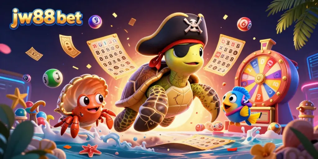Experience the excitement of jw88 bet with a vibrant scene featuring a cartoon pirate turtle, golden bingo cards, and colorful lottery balls.
