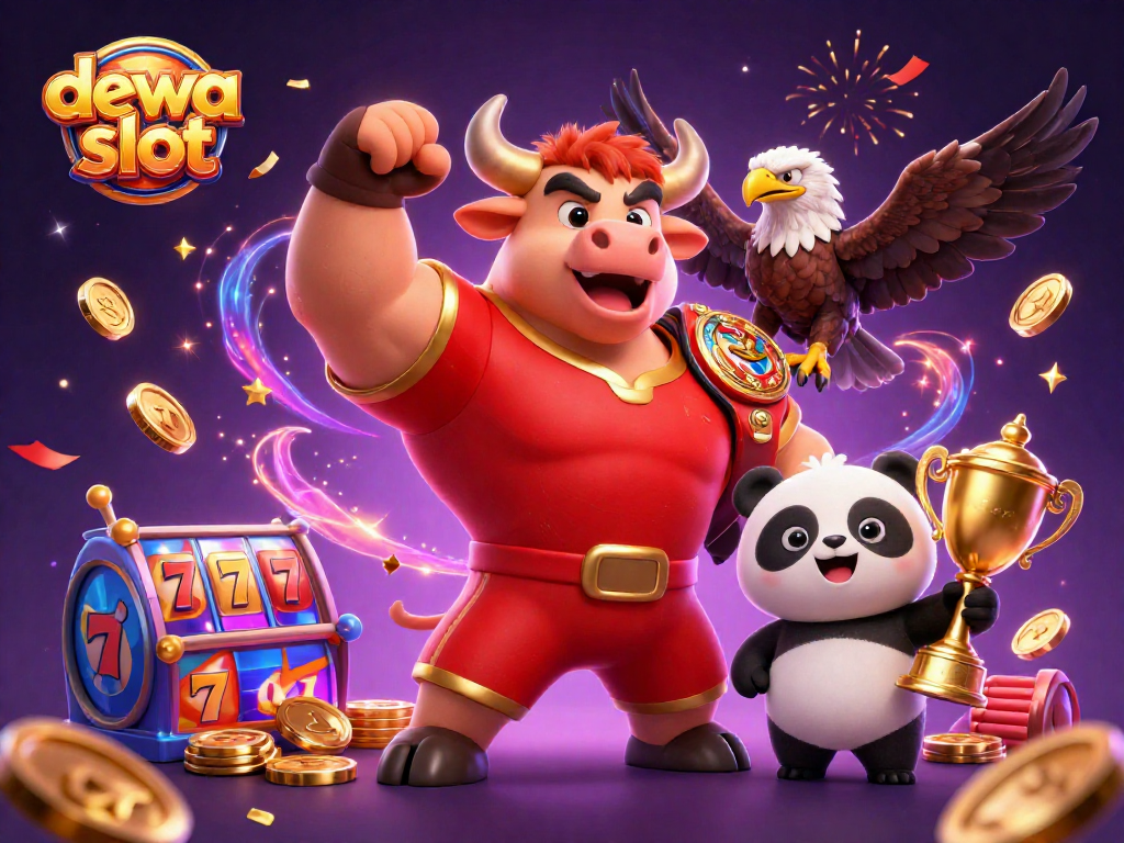 Dynamic celebration of dewa slot with a cartoon bull, eagle, and panda among vibrant casino elements.