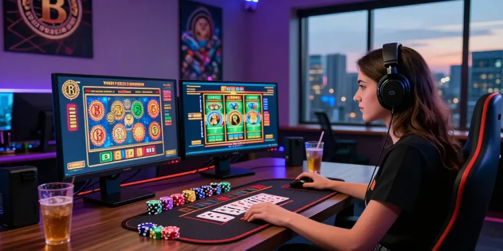 Crypto Casino gaming scene with a young woman enjoying colorful slot games and live dealers.