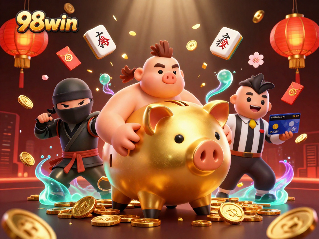 Engage in vibrant 98win casino action with a golden piggy bank sumo wrestler amidst dynamic gaming elements.
