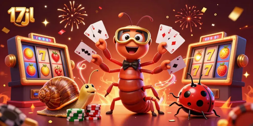 Experience exciting casino action with 17jl as a millipede dealer interacts with vibrant slot reels and high rollers.