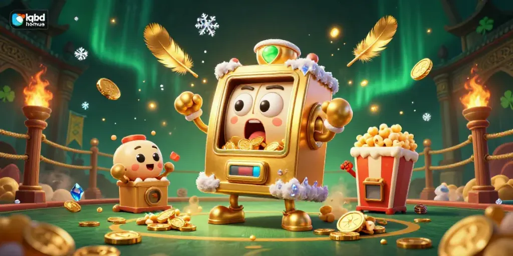 Experience thrilling wins with kqbd hom qua in this vibrant slot machine jackpot celebration scene filled with excitement.
