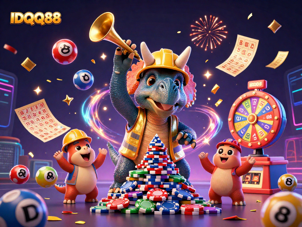 IDQQ88 players celebrate with colorful elements in this vibrant casino-themed 3D illustration.