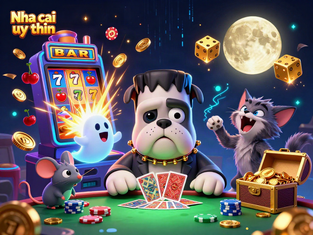 Nha cai uy tin reveals a massive jackpot with cards and ghostly elements in this engaging casino illustration.