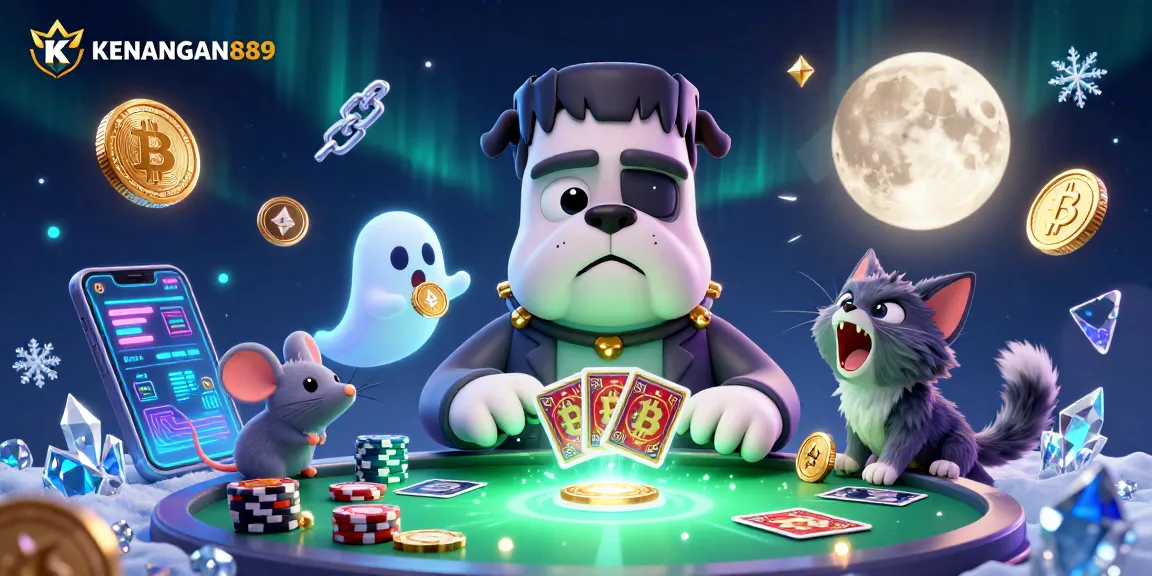 KENANGAN889 reveals a lively casino scene with a Frankenstein bulldog dealing cards amid crypto elements and vibrant details.