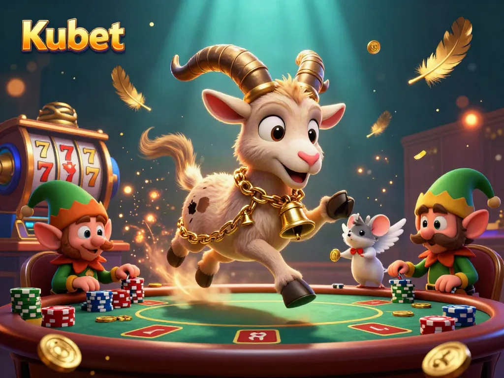 Kubet casino scene featuring a Krampus goat, angel mouse, and elf gremlins in a vibrant holiday atmosphere.