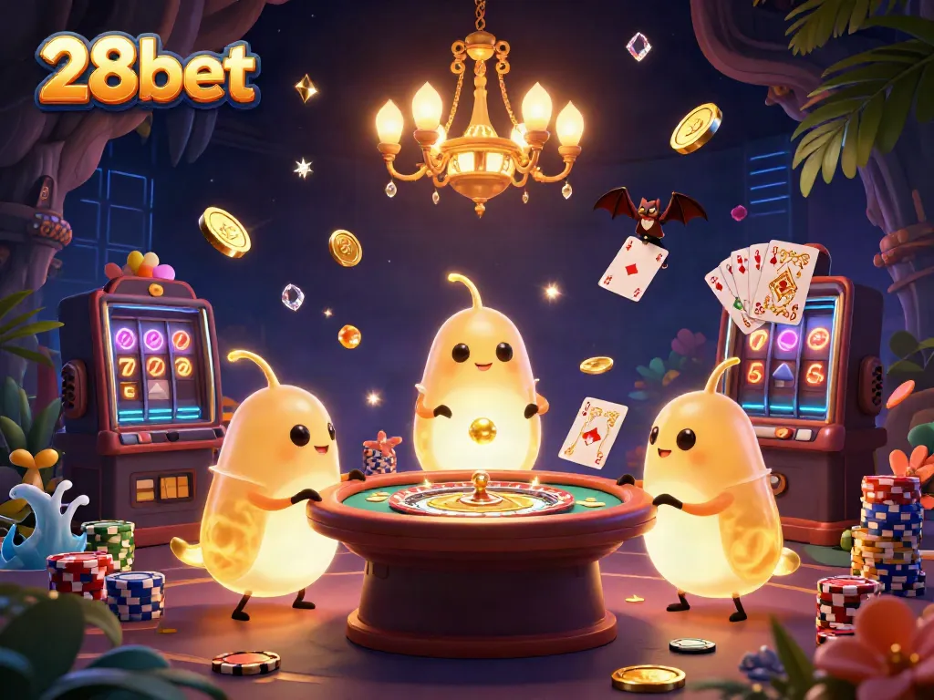 Experience the vibrant 28bet casino environment illuminated by glowing characters and captivating game elements.