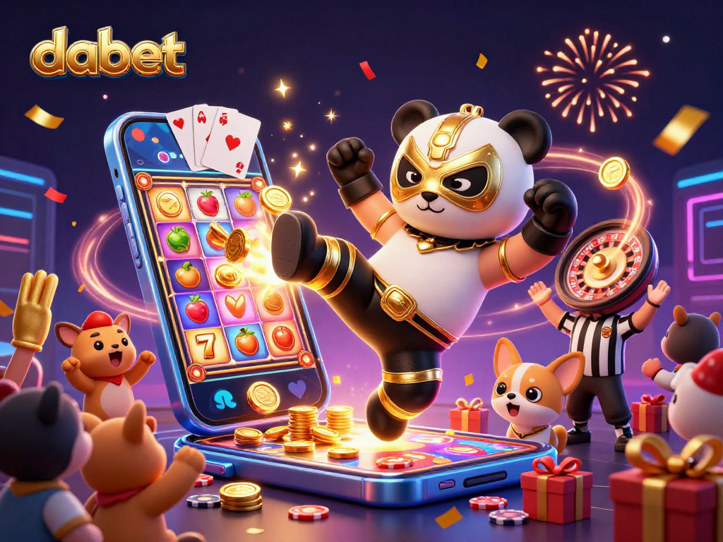 Engage with dabet's thrilling gameplay, featuring a panda wrestler in action amidst vibrant casino elements.