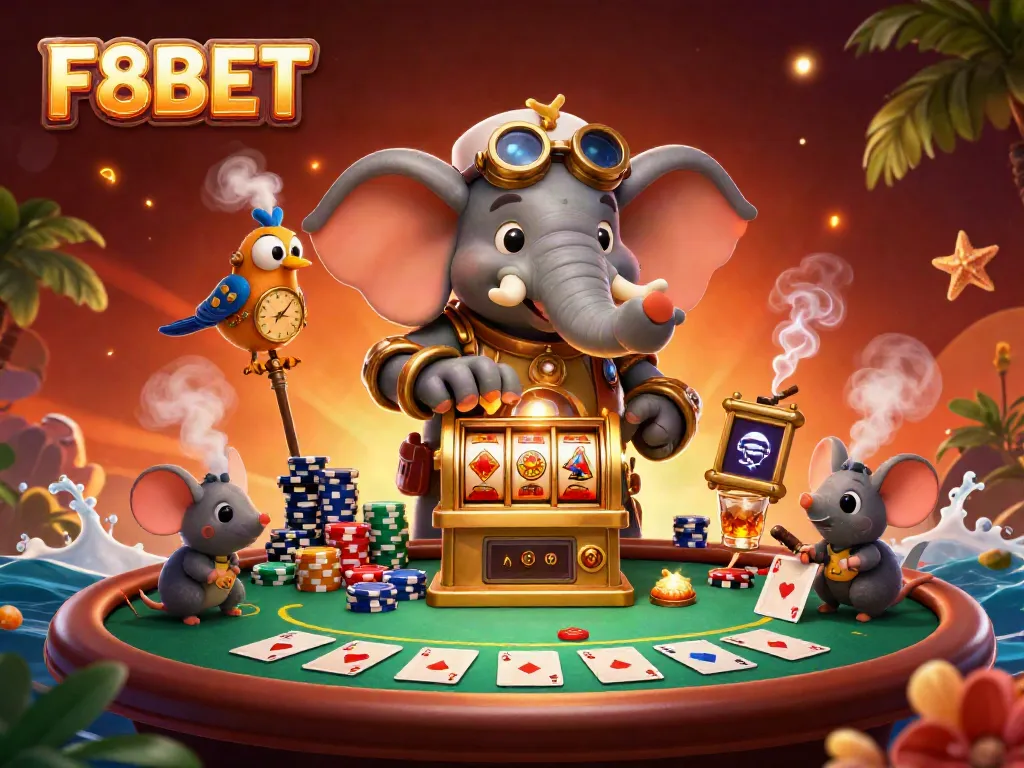 Engage with F8BET's thrilling steampunk-themed casino experience with a mechanical elephant and exciting game elements.