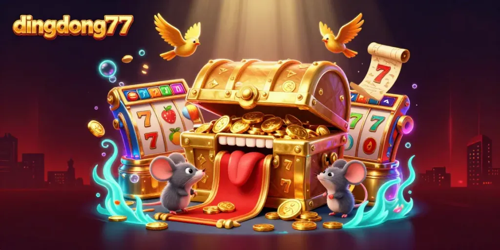 Play and win big at dingdong77's vibrant slots, showcasing rich treasures and dynamic games.