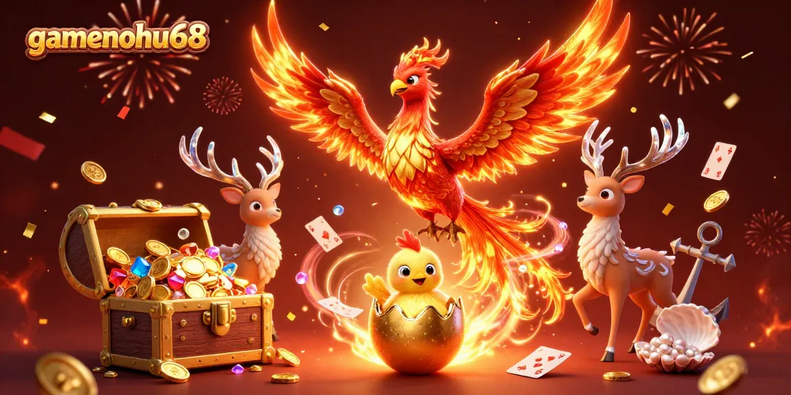 Experience the thrill of gamenohu68 with a vibrant casino-themed illustration featuring mystical characters and treasures.