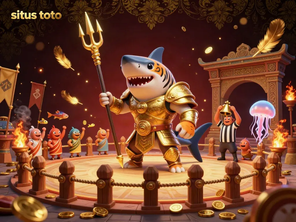 Situs toto showcases a dynamic underwater setting with a fierce tiger shark in gladiator armor, engaging in an exciting gambling atmosphere.
