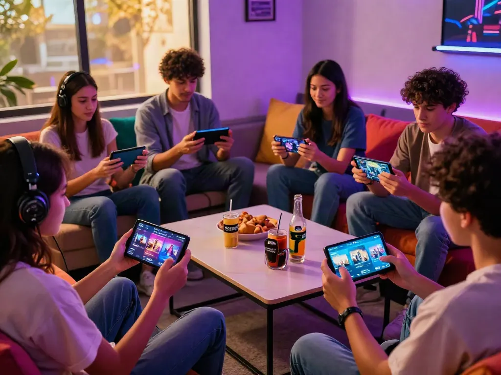 Exciting group gaming at Yono Arcade with friends enjoying mobile games in a vibrant lounge.