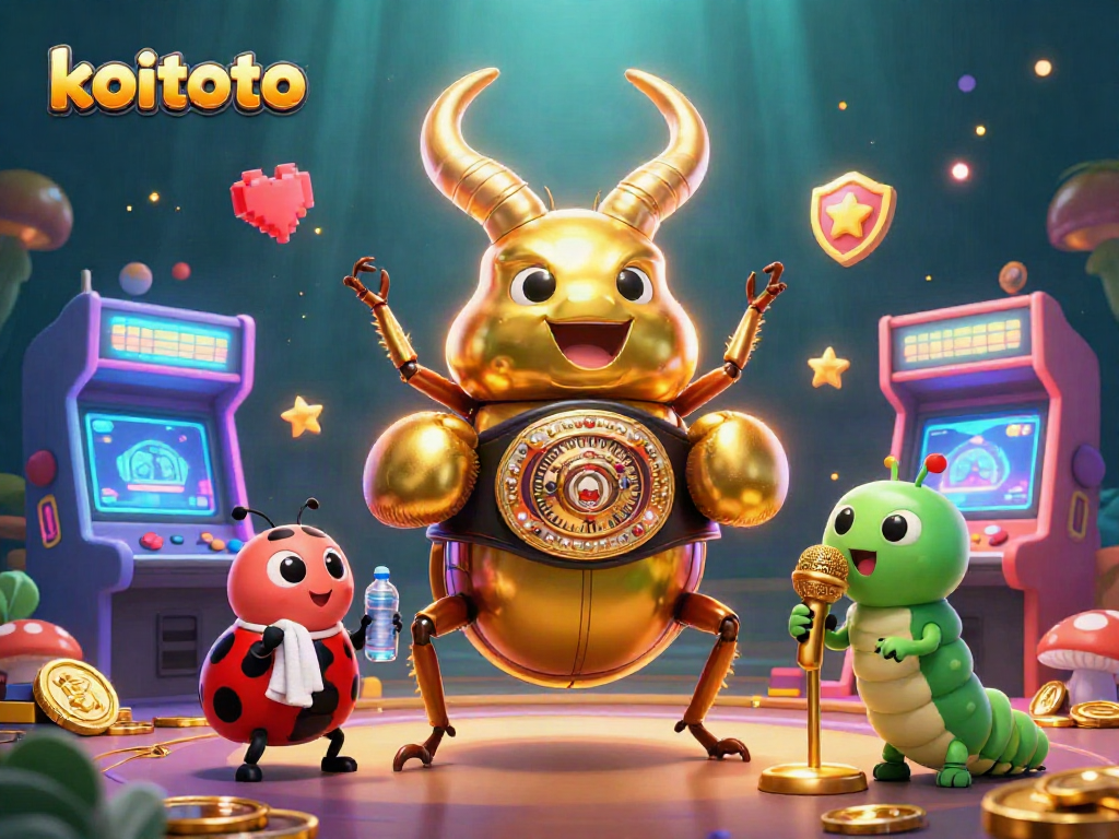 Koitoto betting scene showcasing a lively 3D cartoon boxing match with a golden stag beetle, ladybug, and caterpillar.