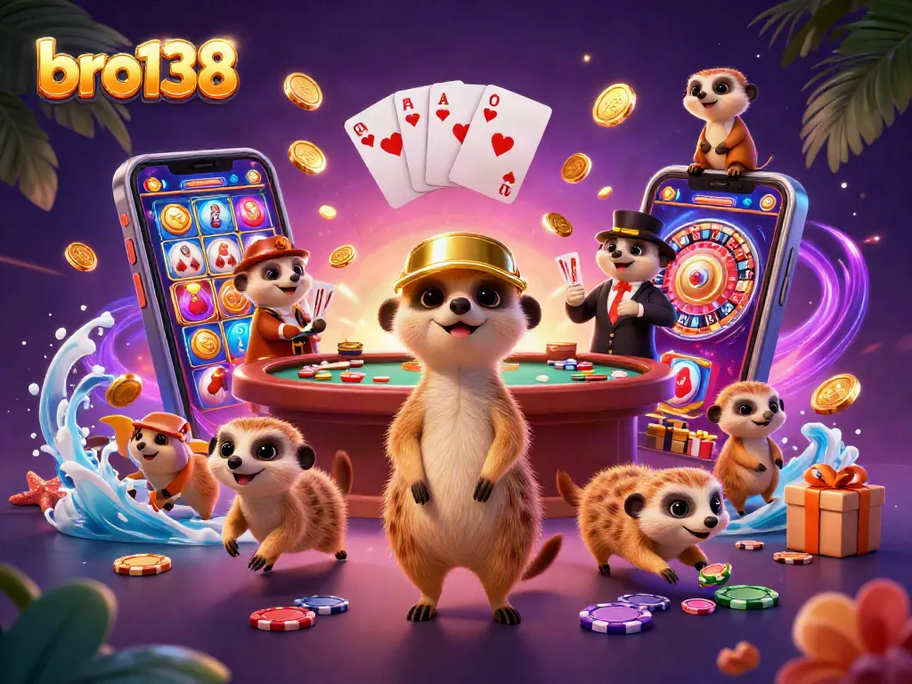 Engage with exciting games at bro138, featuring meerkats managing a vibrant casino.