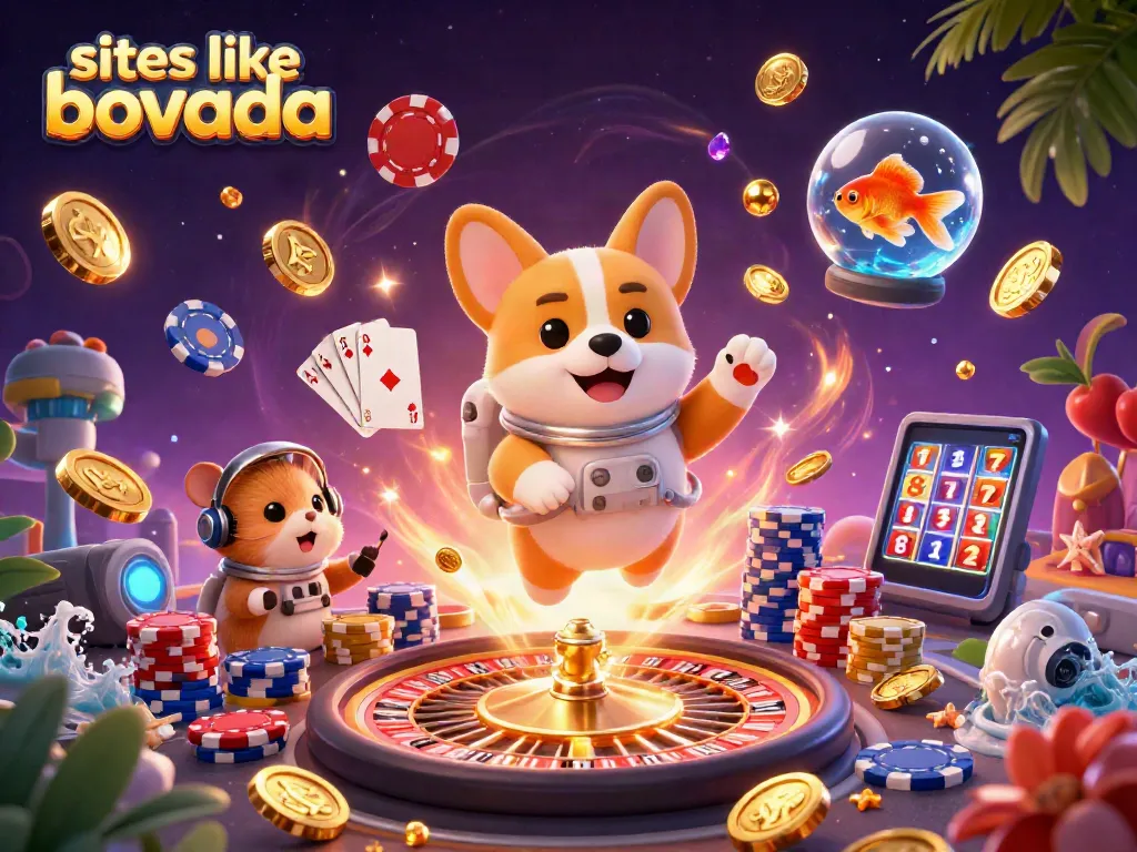 Play captivating games at sites like Bovada with a fun and whimsical casino scene featuring floating characters.