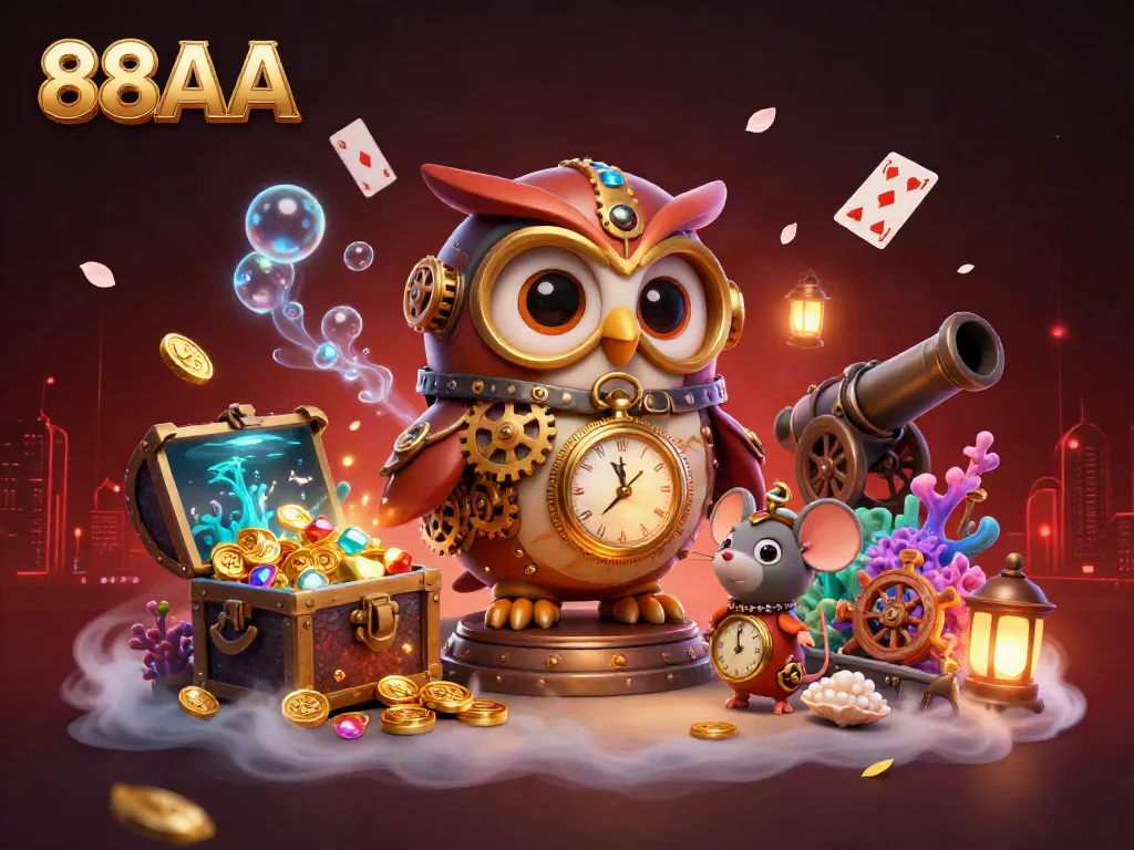 Immerse in the vibrant casino adventure of 88AA with a time-traveler owl and treasures awaiting.
