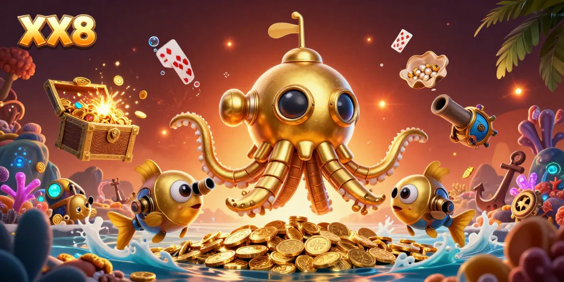 Engage with the thrilling world of online betting at XX8, featuring a golden kraken submarine amidst treasures.