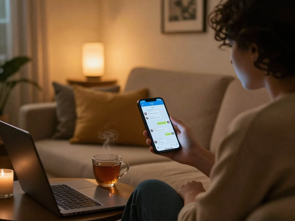 Engaging in an ai porn chat in a cozy setting with warm lighting and digital devices.