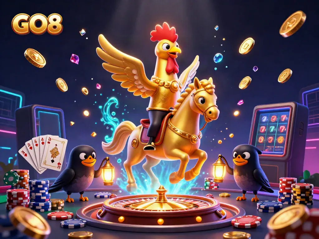 Experience GO8 thrills in a vibrant 3D casino scene with golden rooster and sparkling gaming elements.