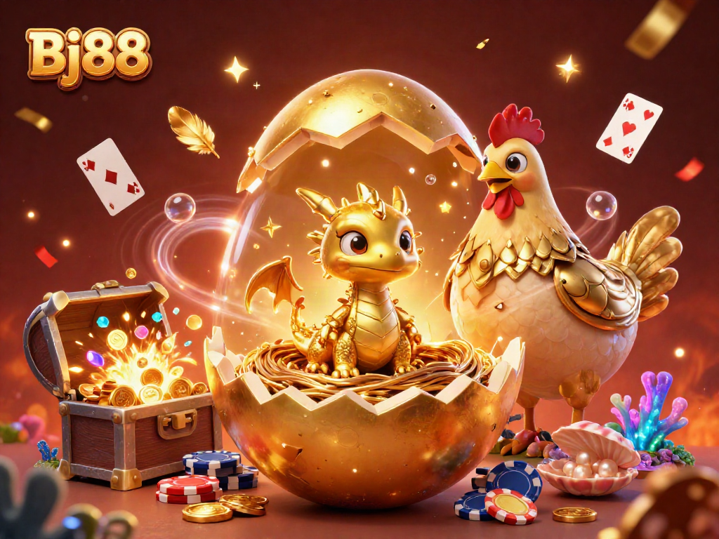 Bj88 creates excitement with a baby dragon and golden poker chips in this dazzling casino scene.
