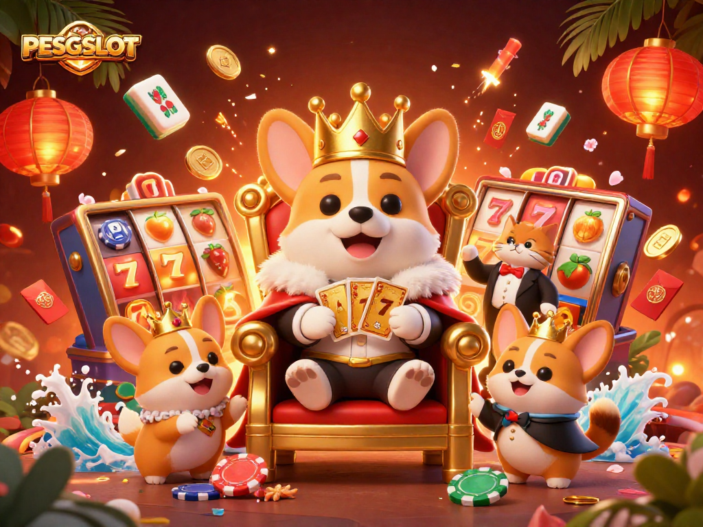 PESGSLOT menampilkan corgi kerajaan bermain slot dengan berbagai simbol keberuntungan dan atmosfer kasino.
