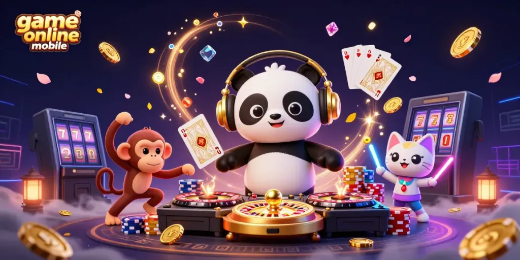 Gamer asik bermain game online mobile dengan DJ panda dan kucing di latar belakang penuh gemerlap.