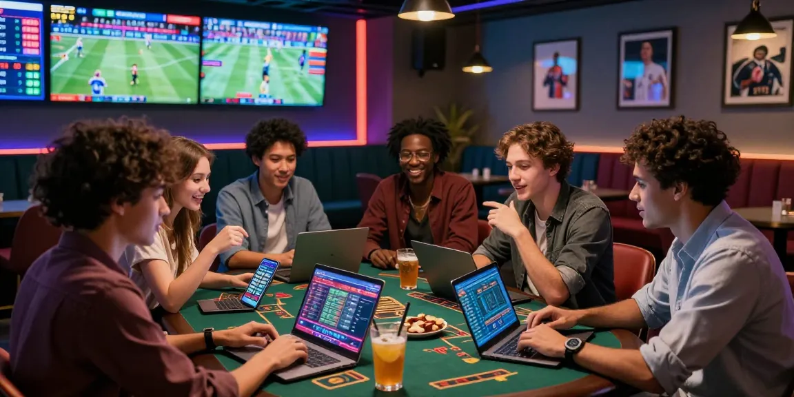 Wie Farben deine Powbet Erfahrungen beeinflussen in a vibrant betting lounge with friends discussing strategies.
