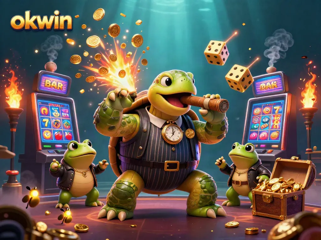 Engage in thrilling games at OKWIN, featuring a dynamic casino scene with vibrant characters and jackpot excitement.