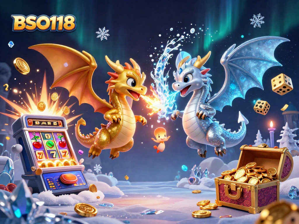 Engage in thrilling gameplay with BSO118's golden and silver dragon symphony amid a vibrant casino scene.