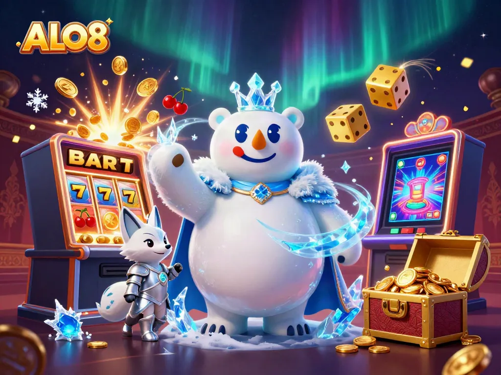 Engage with ALO8's vibrant casino world featuring a polar bear and snow fox amidst a jackpot explosion.