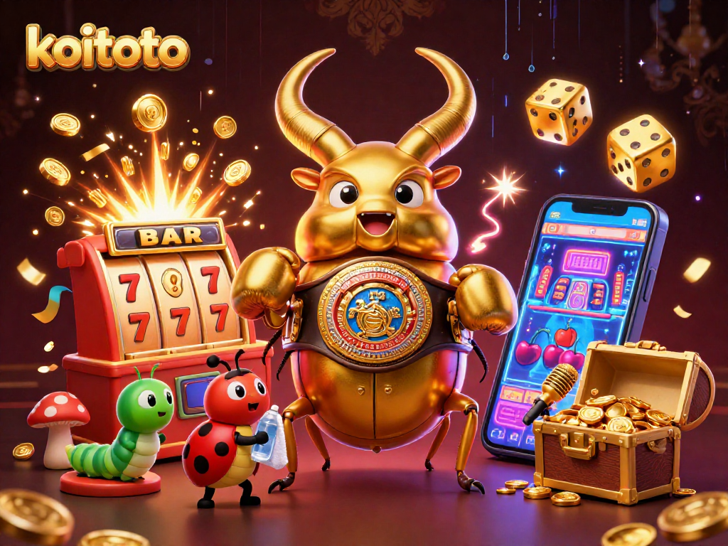 Koitoto menawarkan pengalaman menghadapi jackpot besar dengan simbol permainan menarik yang mengelilingi karakter kartun 3D.