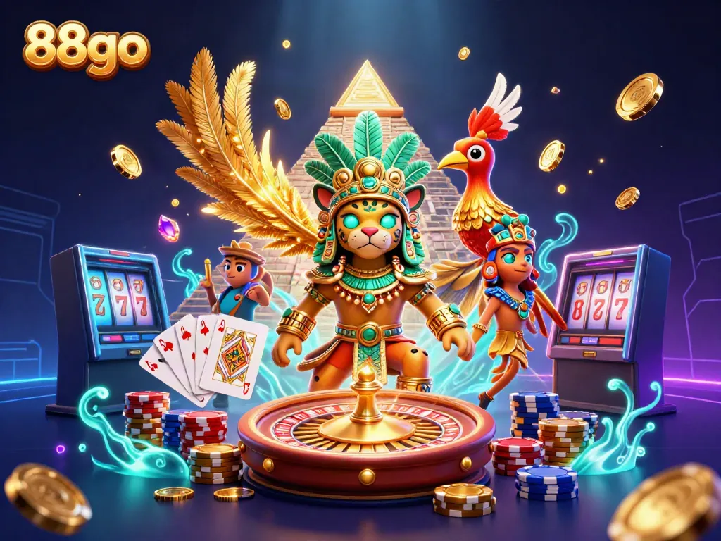Experience thrilling adventures with 88go featuring cascading coins, vibrant casino elements, and majestic characters.