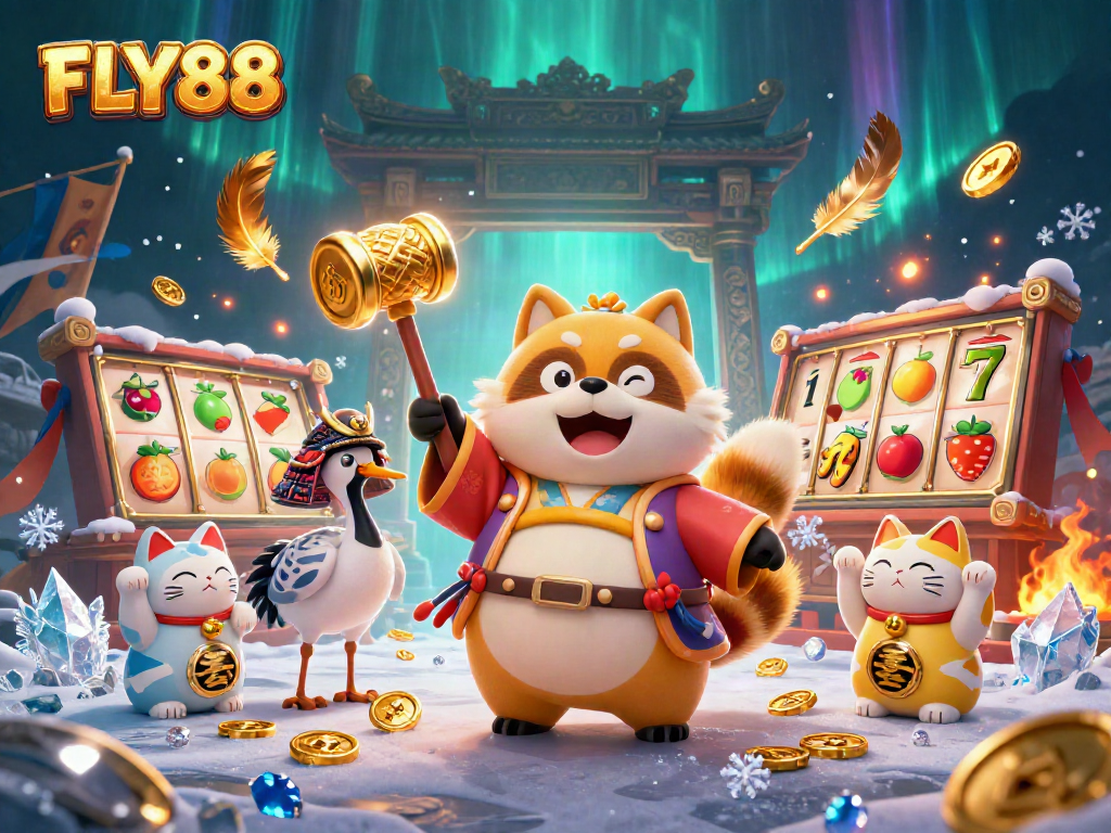 Experience thrilling gaming with FLY88 featuring a lucky tanuki and vibrant slot games.