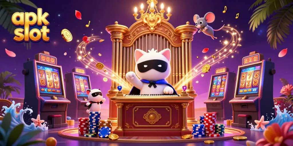 Spin to win with apk slot featuring a captivating 3D casino illustration packed with exciting elements.