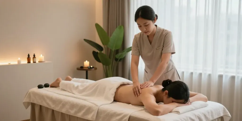 Relaxing 강남출장마사지 scene in a tranquil therapy room with soft lighting and soothing ambiance.