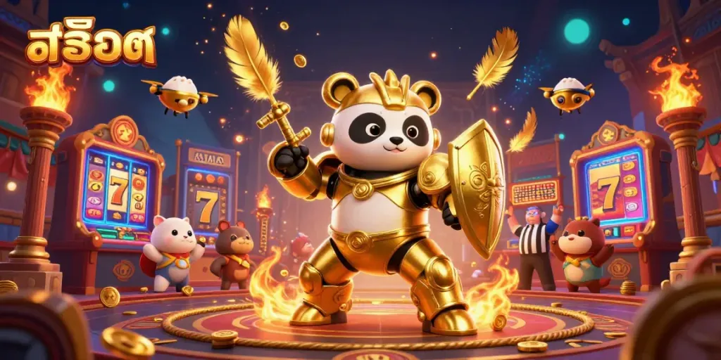 Experience thrilling gameplay with slot machines and a mech-panda in an action-packed casino arena