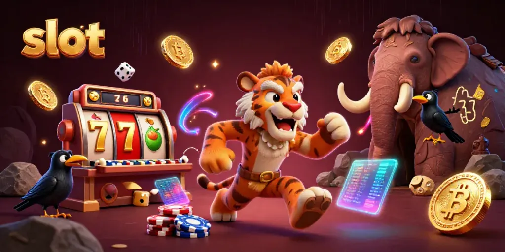 Caveman dan harimau sabertooth bermain slot di kasino prasejarah dengan elemen digital dan koneksi blockchain.