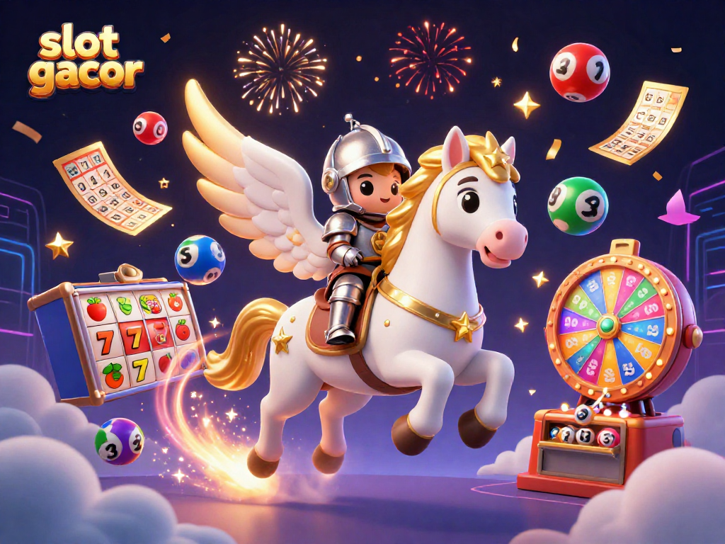 Slot gacor menghadirkan kuda surgawi berlapis emas berlari di awan dengan angka lotere yang berwarna-warni.