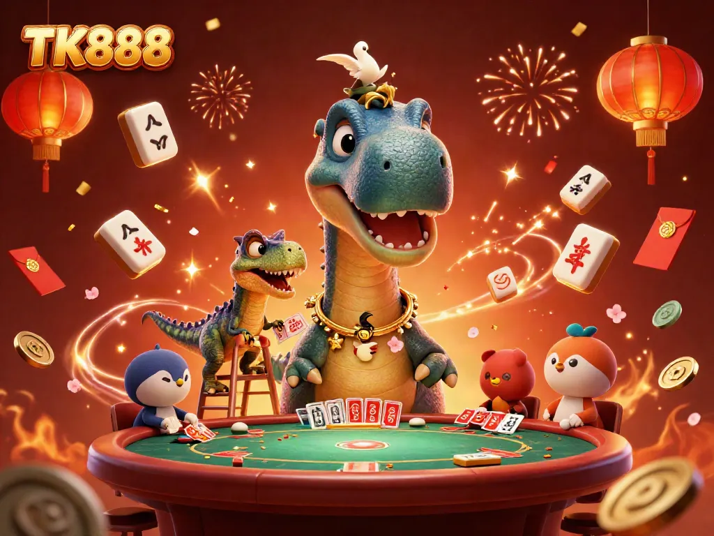 Experience the vibrant atmosphere of TK888's animated casino scene with a playful brontosaurus and raptor dealer.