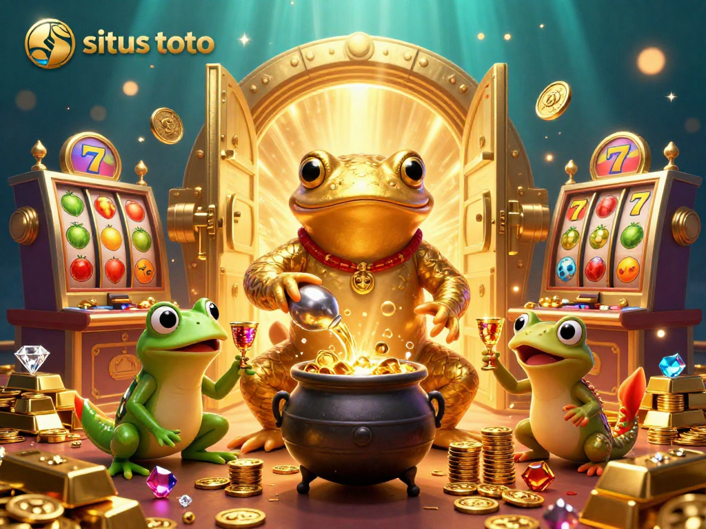 Experience thrilling gaming with situs toto at a vibrant casino featuring slot machines and gold treasures.