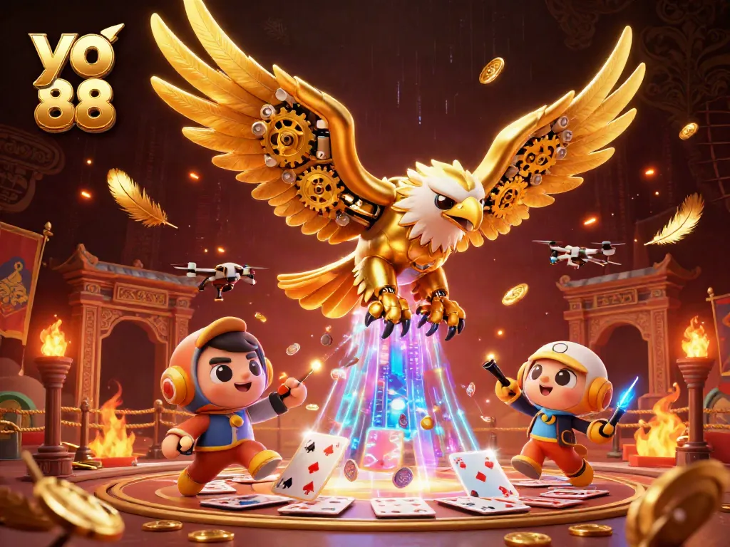 Experience the excitement of yo 88 with a cybernetic eagle soaring through a dynamic casino scene.