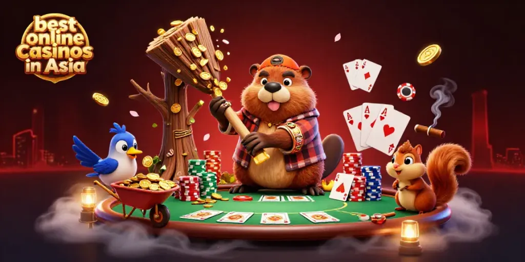 Experience the fun at the best online casinos in Asia through a vibrant 3D cartoon illustration filled with gaming elements.
