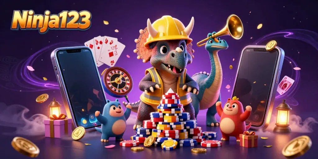 Ninja123 showcases a lively casino scene with cartoon dinosaurs celebrating around poker chips and slot games.