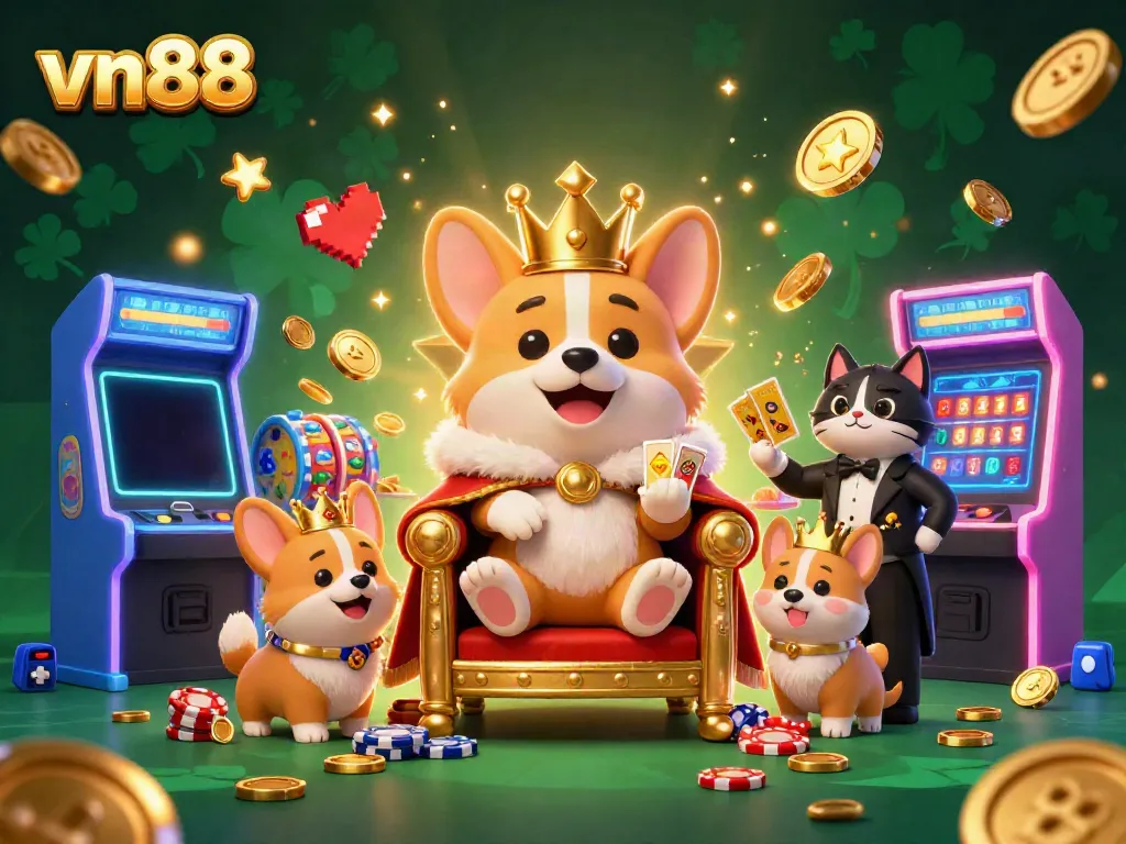Experience thrilling slots at vn88 with playful corgis celebrating huge wins amidst vibrant game elements.