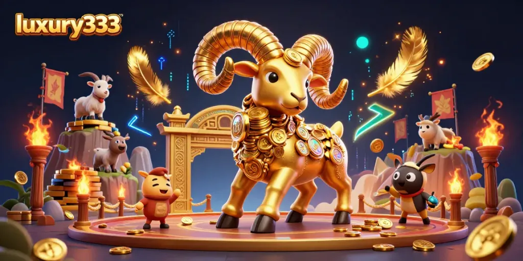 luxury333 menawarkan ilustrasi kasino 3D yang penuh aksi dengan domba emas di arena bertarung.