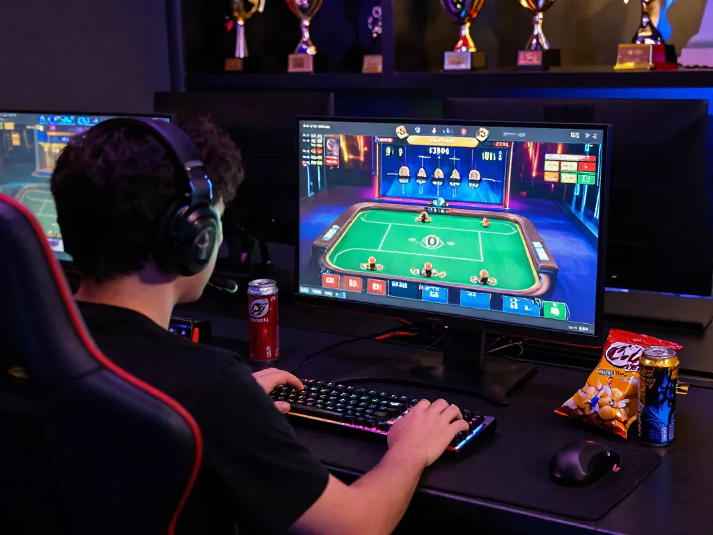 Người chơi game f168 chăm chú vào màn hình hiển thị giao diện sòng bạc trực tuyến sống động.