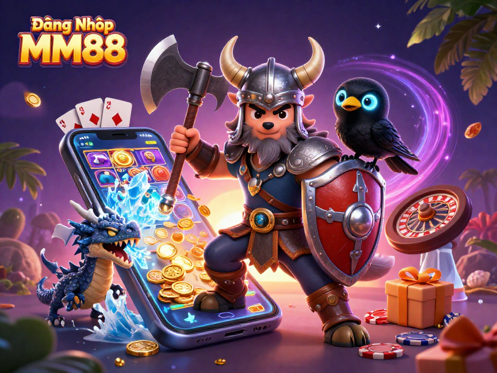 Experience Đăng Nhập MM88 through an action-packed scene with gaming characters and elements.