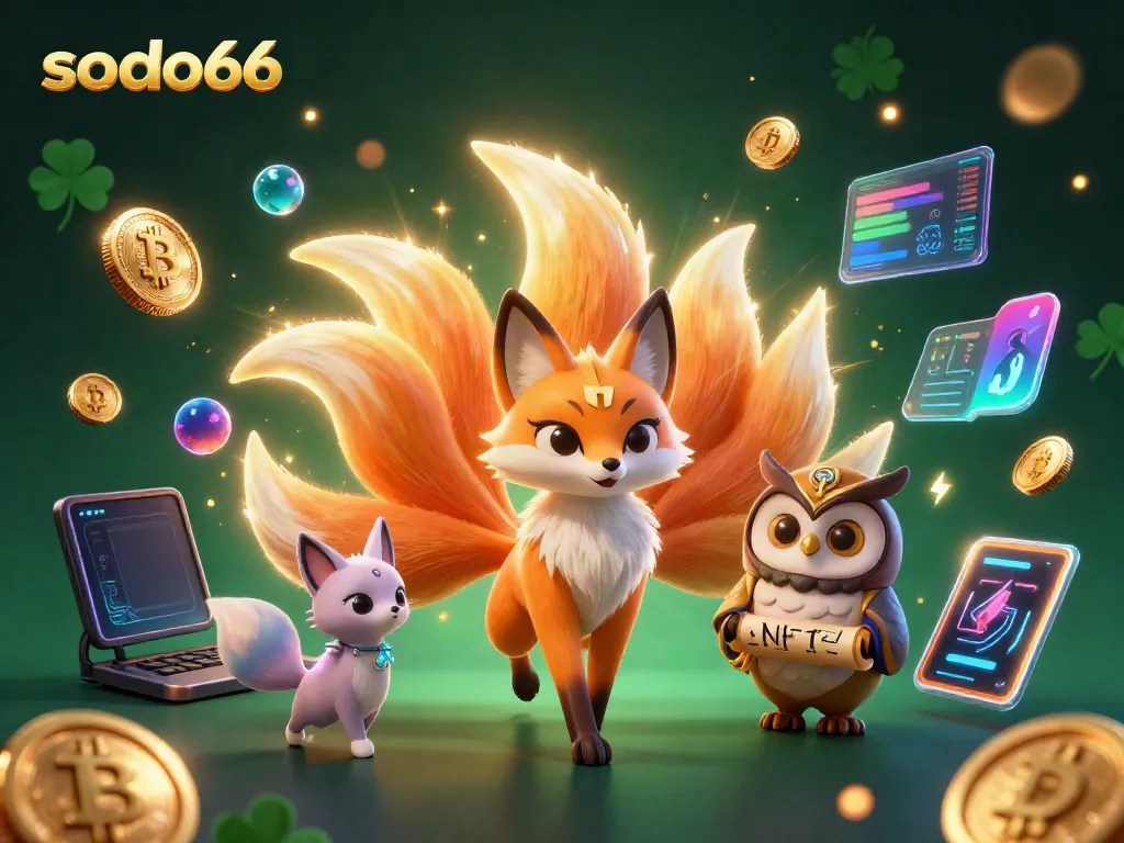 Sodo66 engages users with a lively scene of a glowing fox spirit, a wise owl, and vibrant cryptocurrency elements.